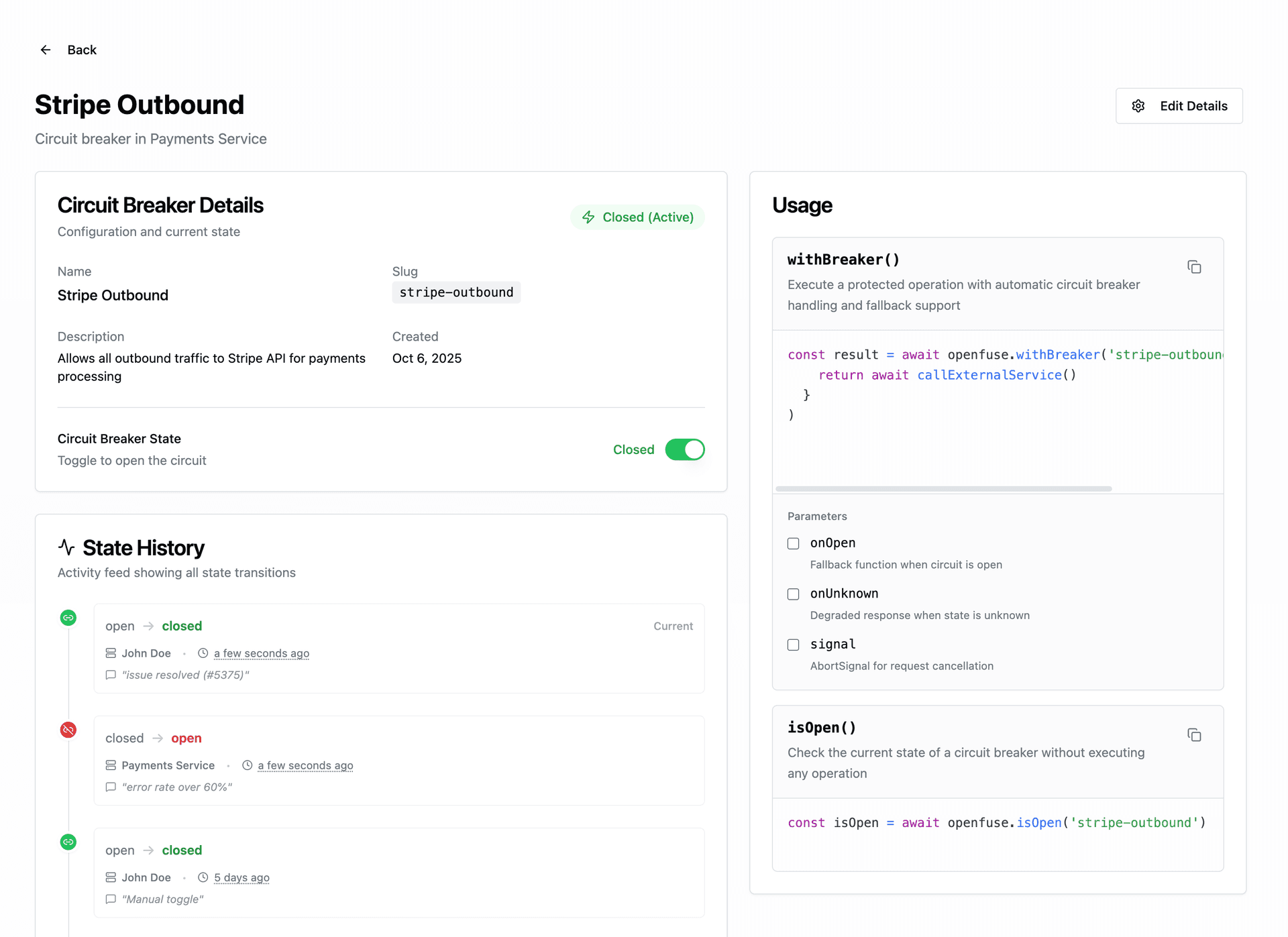 OpenFuse dashboard interface displaying real-time circuit breaker states, failure metrics, and service health monitoring. Shows Stripe payment service with breaker configuration including threshold settings, timeout values, and current operational status indicators